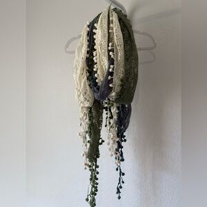 3 scarves, cream, green, grayish blue